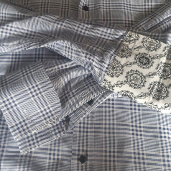 Thomas Dean SZ M French Cuff 100% Cotton Navy/White Plaid Men's Button Up Shirt - Picture 3 of 15